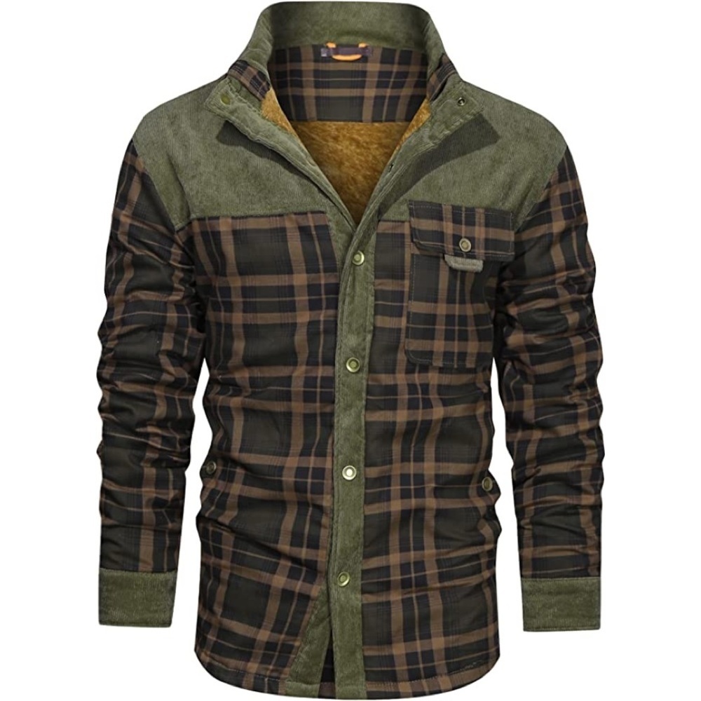 New Men's Corduroy Plaid Sherpa Lined Flannel Jacket Forest Green - Picture 1 of 1